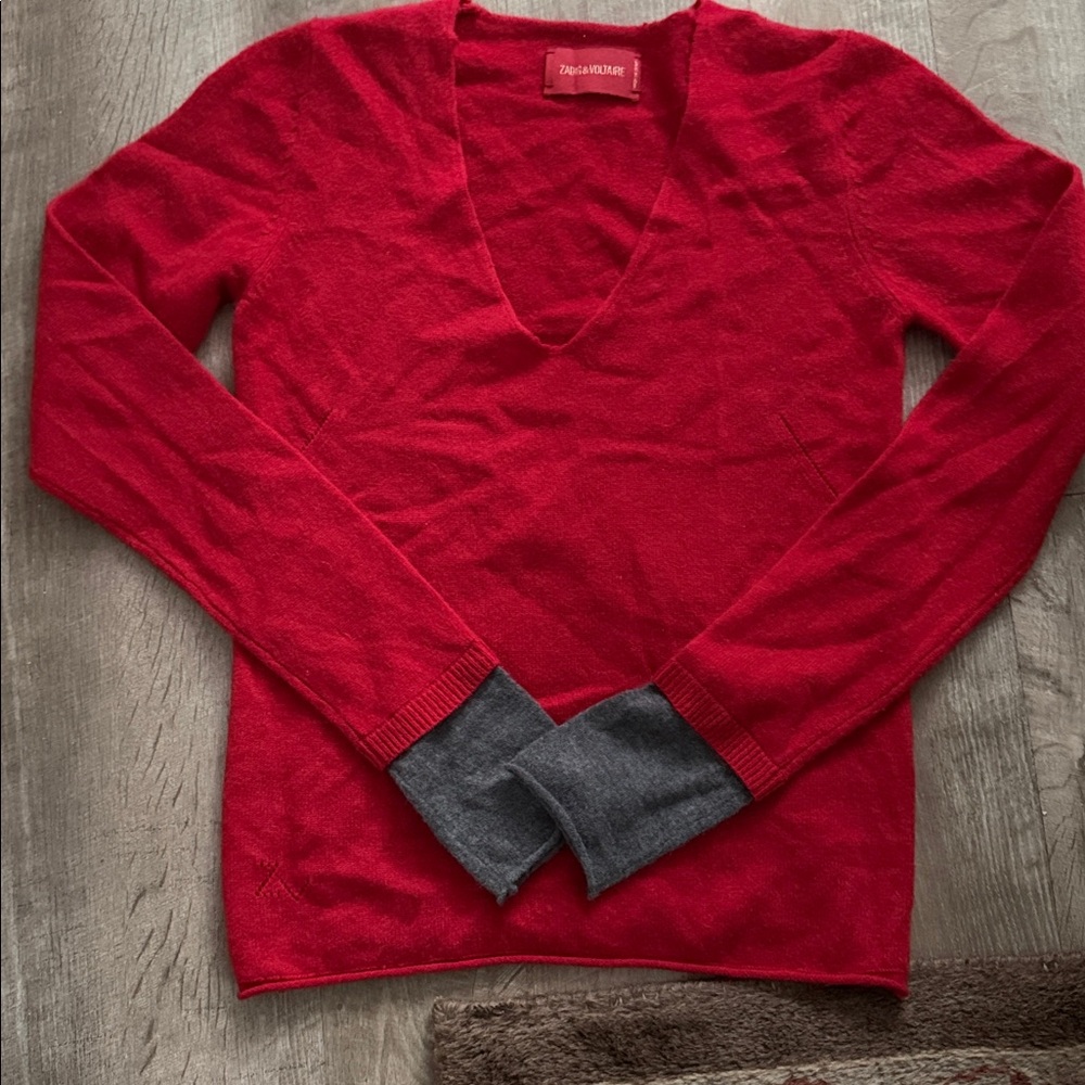 Zadig & Voltaire Red V-Neck Sweater with Gray Accents S